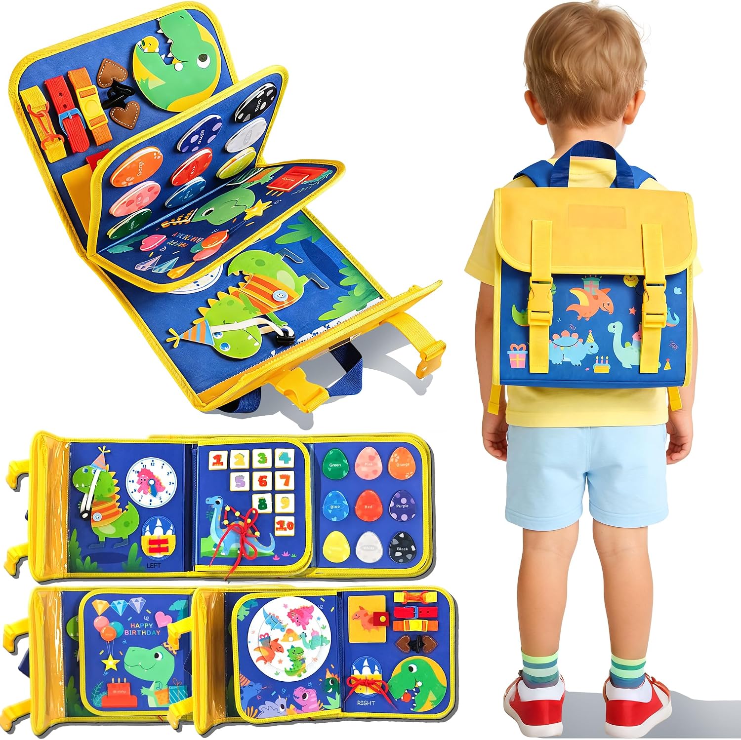 Travel Accessories For Toddlers - กระเป๋าเป้บอร์ดกิจกรรมไดโนเสาร์สำหรับเด็กเล็ก, หนังสือกิจกรรมการเรียนรู้แบบเงียบพกพา, ของเล่นเสริมพัฒนาการสำหรับการเดินทางด้วยรถยนต์และเครื่องบิน