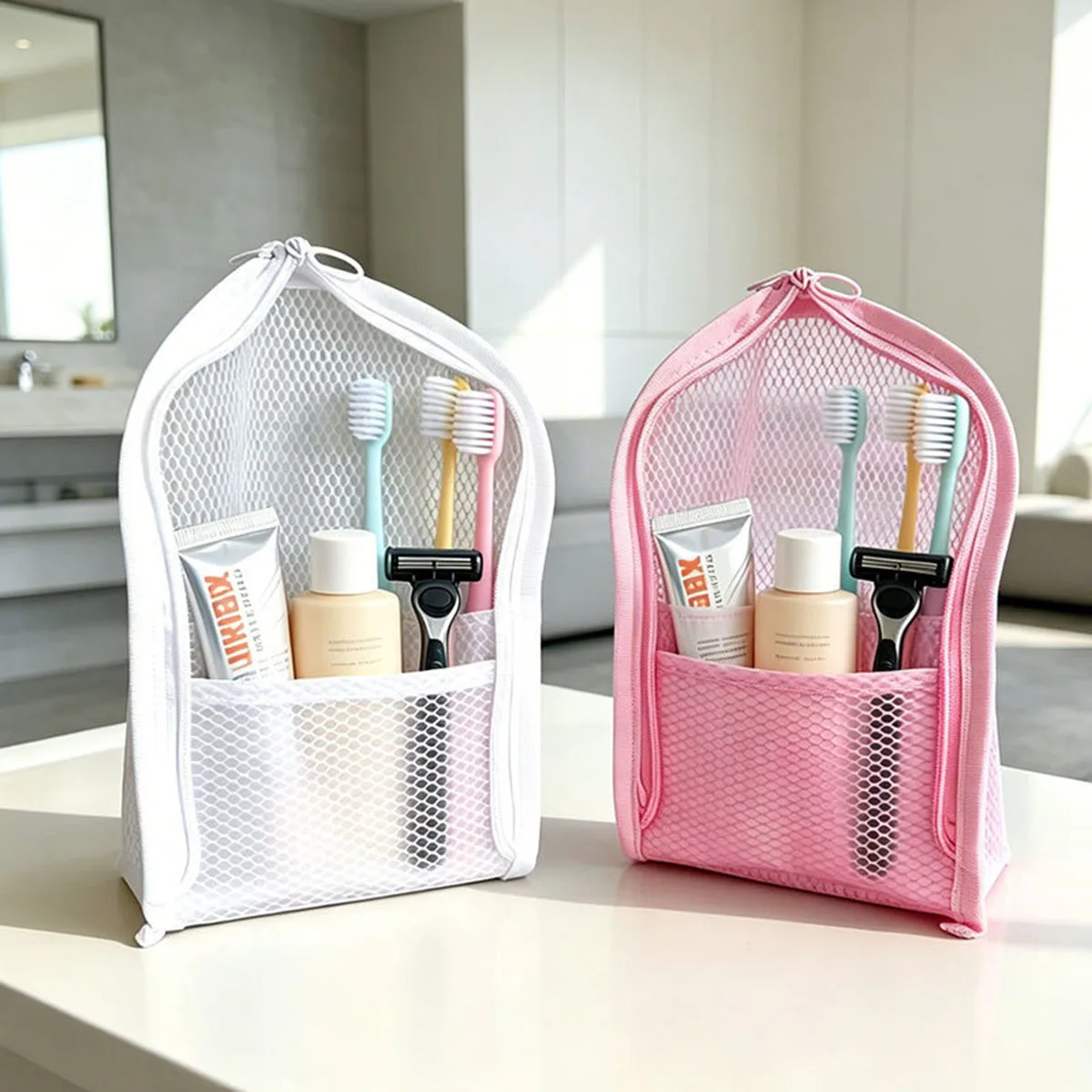 Travel Accessories Organizer Bag - กระเป๋าใส่เครื่องสำอางแบบตาข่ายสำหรับเดินทาง - ระบายอากาศได้ดี แห้งเร็ว ป้องกันเชื้อรา พร้อมช่องใส่แปรงสีฟัน