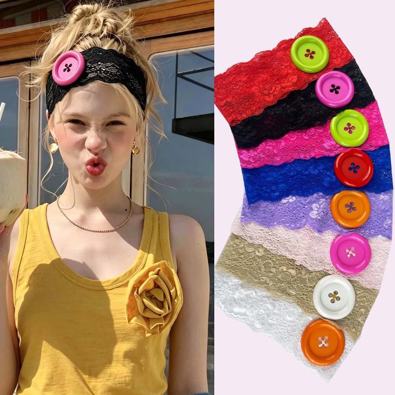 Travel Yoga Accessories - ที่คาดผมลูกไม้สไตล์วินเทจ กระดุมใหญ่ ยางยืด ที่คาดผมแบบกว้าง สำหรับผู้หญิง สาวๆ