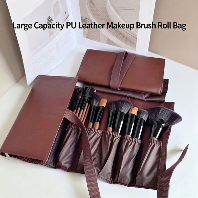 Travel Accessories Organizer Bag - กระเป๋าใส่แปรงแต่งหน้าแบบม้วนได้ ทำจากหนัง PU กระเป๋าเก็บแปรงเครื่องสำอางแบบพับได้ กระเป๋าจัดระเบียบเครื่องสำอางสำหรับเดินทางแบบหลายช่อง พร้อมสายรัด