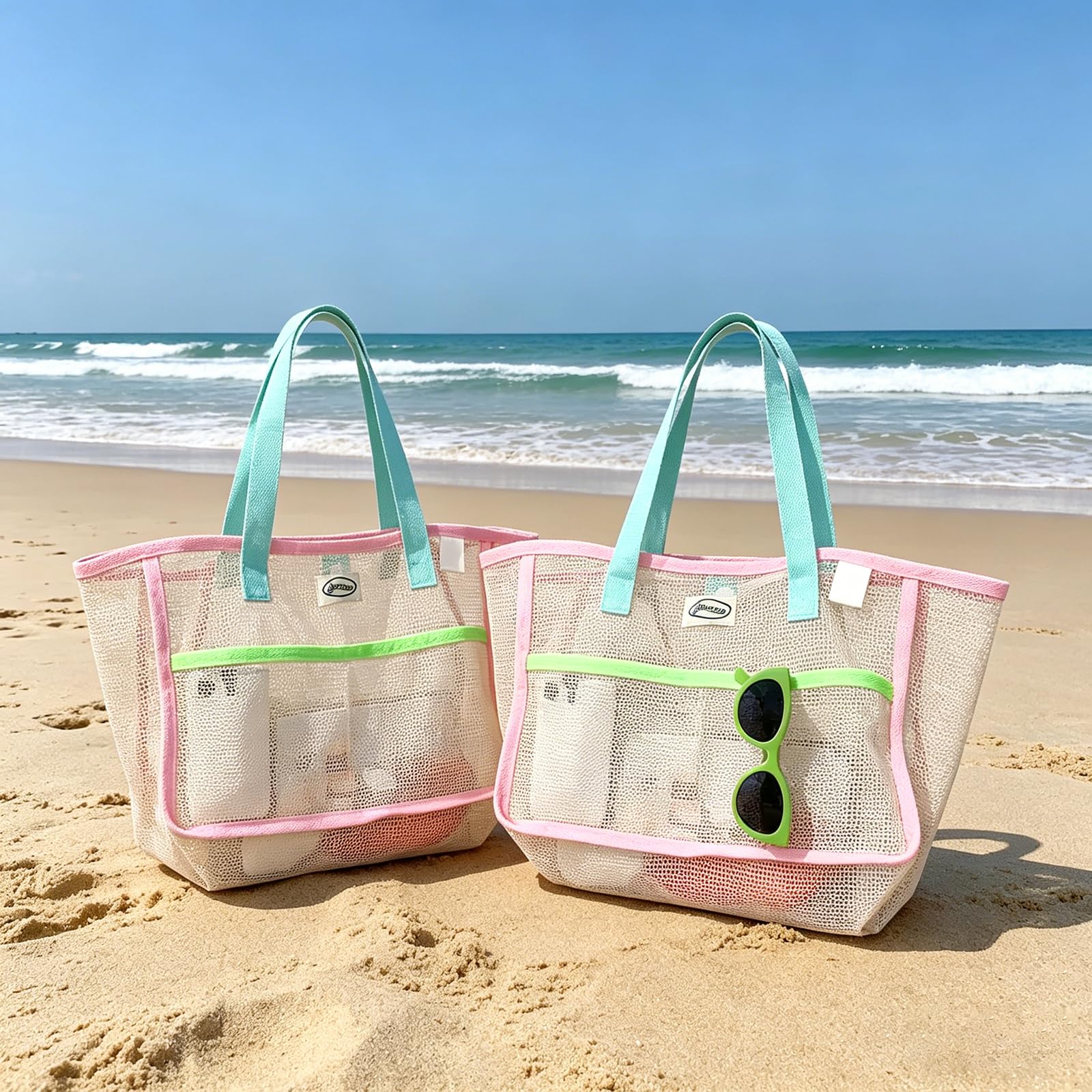 Travel Accessories - กระเป๋าชายหาดสำหรับผู้หญิง กระเป๋าตาข่ายพับได้หลากสี กระเป๋าใส่ทราย กระเป๋าเดินทาง กระเป๋าเก็บของสำหรับสระว่ายน้ำ สำหรับอุปกรณ์ชายหาด